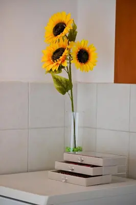 a vase filled with sunflowers sitting on a counter at Apartman Dunja in Kraljevo