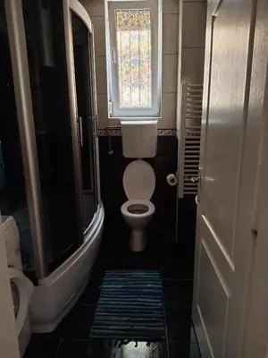 a small bathroom with a toilet and a window at Apartman Ilić in Vrnjačka Banja
