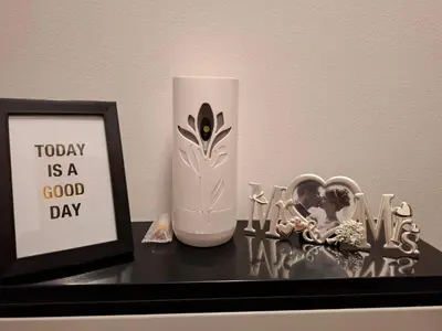 a vase sitting on a shelf with a picture and some figurines at Asami in Vrnjačka Banja