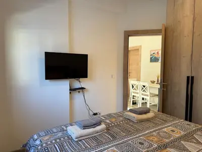 a bedroom with a bed and a flat screen tv at Vila Elena in Kopaonik