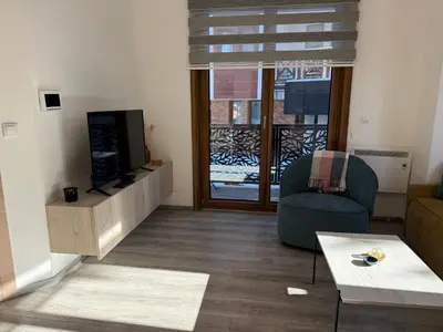 a living room with a tv and a couch and a chair at Vila Elena in Kopaonik