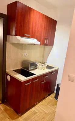 a kitchen with wooden cabinets and a toaster oven at Apartman Filipovic - Kraljevi Cardaci - Kopaonik in Kopaonik