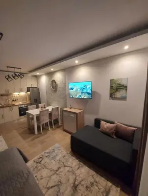 a living room with a couch and a dining room at Apartman Čarolija, Sunčana planina in Kopaonik