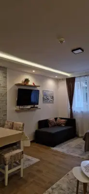 a living room with a couch and a flat screen tv at Apartman Čarolija, Sunčana planina in Kopaonik