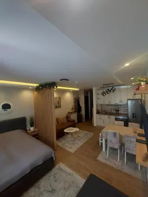 a living room with a bed and a dining room at Apartman Čarolija, Sunčana planina in Kopaonik