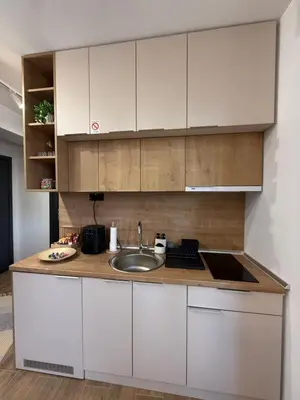 a kitchen with white cabinets and a sink at NORD VISTA Premium Alpine and SPA Experience in Kopaonik