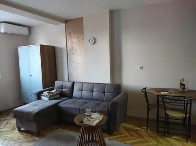 a living room with a couch and a table at Dona Apartments 1 in Niš