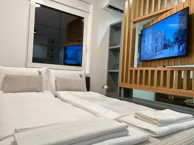 a bedroom with a bed and a flat screen tv at Apartmani Central 3 & Free parking garage in Vrnjačka Banja