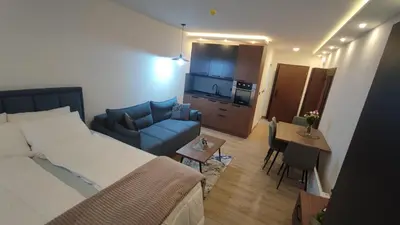 a bedroom with a bed and a couch and a table at Apartment 12 Kopaonik in Kopaonik