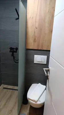 a small bathroom with a toilet and a shower at Apartman 