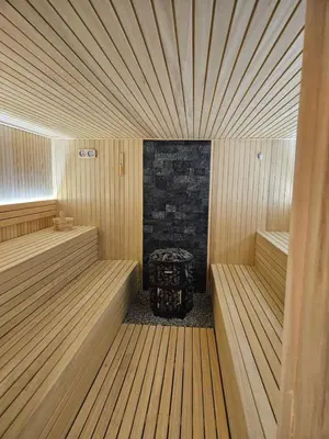 a room with two saunas and a fireplace at Fashion Residence Hill in Kopaonik