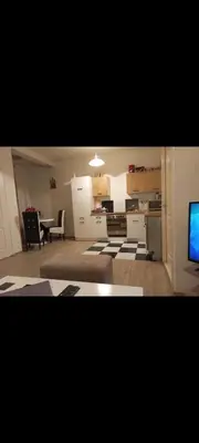 a living room with a kitchen and a television at V&Ž-Vb in Vrnjačka Banja