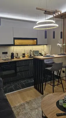 a kitchen with a table and chairs in a room at VIRTUS apartmani Vrnjačka Banja centar in Vrnjačka Banja