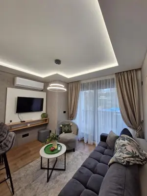 a living room with a couch and a tv at VIRTUS apartmani Vrnjačka Banja centar in Vrnjačka Banja