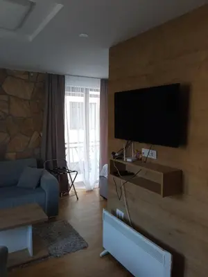 a living room with a blue couch and a flat screen tv at Vila Barselona Kopaonik in Raška