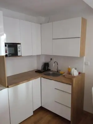 a kitchen with white cabinets and a sink at Vila Barselona Kopaonik in Raška