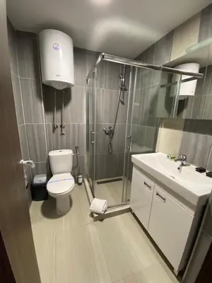 a bathroom with a shower and a toilet and a sink at LaKop Apartman in Kopaonik