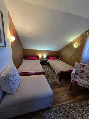a attic room with two beds and a couch at Apartman Leda in Kopaonik