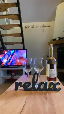 a bottle of wine and two wine glasses on a table at Vila Krnjević Jastrebac in Buci