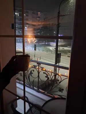 a person looking out of a window at a street at Dina lux apartman 2 in Jagodina