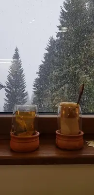 two candles on a window sill with a snow covered tree at Mina in Kopaonik