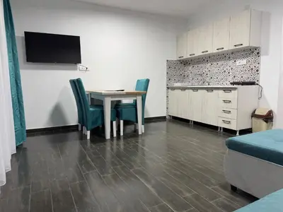a room with a table and chairs and a kitchen at Vila Banovic in Kopaonik