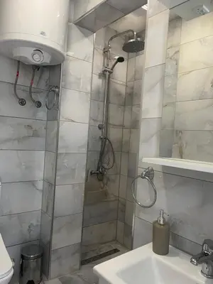 a bathroom with a shower and a sink at Sofy apartman in Niš