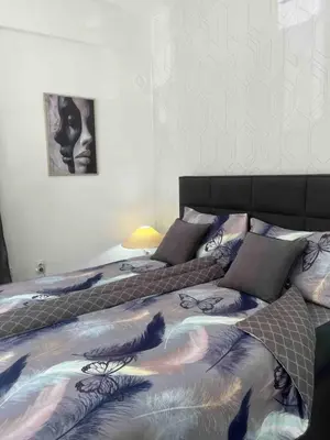 a bedroom with a bed with a comforter on it at Sofy apartman in Niš