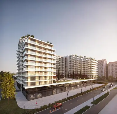 a rendering of a large building in a city at Planet Lux Apartment with secured parking In the garage in Niš