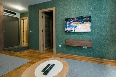 a living room with a tv on a green wall at Apartmani Jovičić Kopaonik in Kopaonik