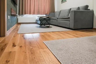a living room with a gray couch and wooden floors at Apartmani Jovičić Kopaonik in Kopaonik