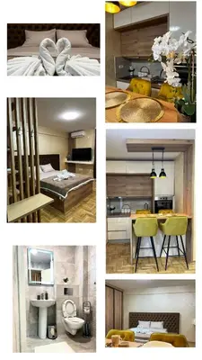 a collage of pictures of a kitchen and a bedroom at GOLDEN SS Studio in Vrnjačka Banja