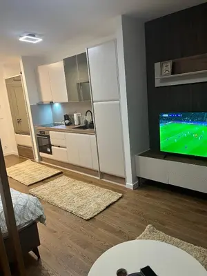 a living room with a flat screen tv and a kitchen at Delta SPA Residence in Niš