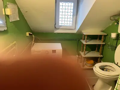a green bathroom with a toilet and a window at Slobo Velickovic in Prokuplje