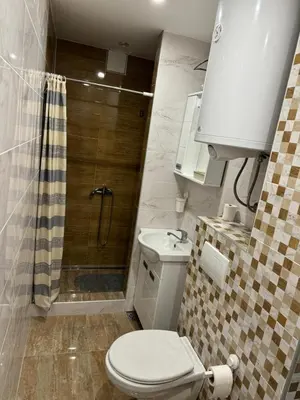 a small bathroom with a toilet and a shower at Apartman Anastasija in Kuršumlija