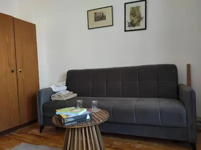 a living room with a couch and a table at Dona Rooms 4 in Niš