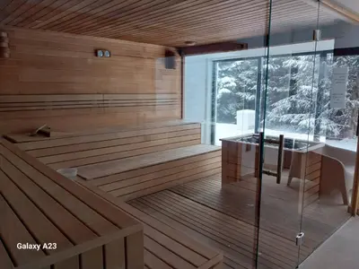 a sauna with a tub and a sink at Kovacevic Apartmani in Raška