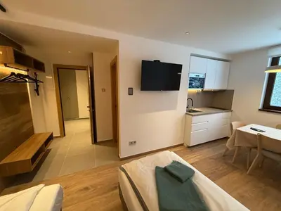 a room with a kitchen and a living room at Juli Kop in Kopaonik