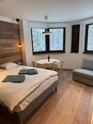a bedroom with a bed and a table and a chair at Juli Kop in Kopaonik