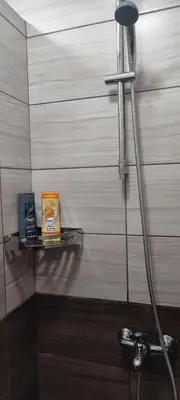 a bathroom with a shower and a shelf with a book at Apartman LuPa in Kopaonik
