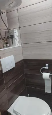 a bathroom with a white toilet and wooden floors at Apartman LuPa in Kopaonik