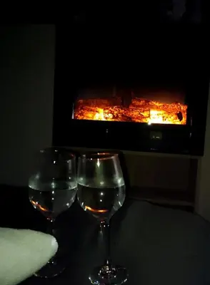 two wine glasses sitting on a table in front of a fireplace at Apartman LuPa in Kopaonik