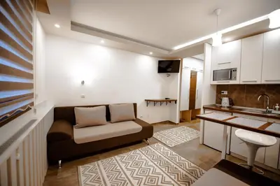 a living room with a couch and a kitchen at Apartment Spust in Kopaonik