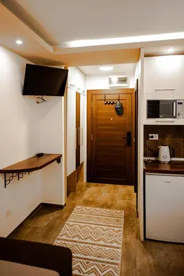 a small room with a kitchen and a door at Apartment Spust in Kopaonik