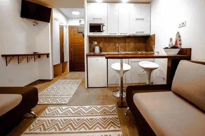 a living room with a couch and a kitchen at Apartment Spust in Kopaonik