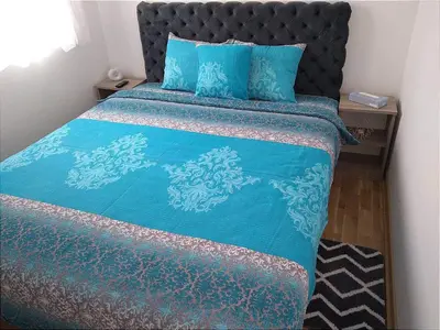 a bedroom with a bed with blue sheets and blue pillows at Marta i Marija 2 in Vrnjačka Banja