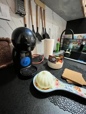 a kitchen counter with a food processor and a plate of food at Apartman Zimska idila in Kopaonik