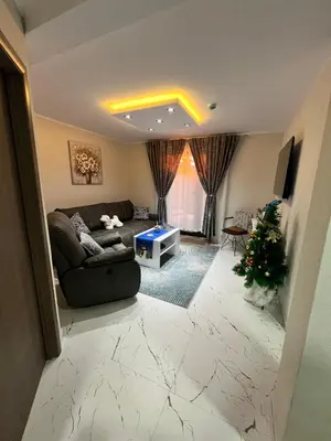 a living room with a couch and a christmas tree at Apartman Zimska idila in Kopaonik