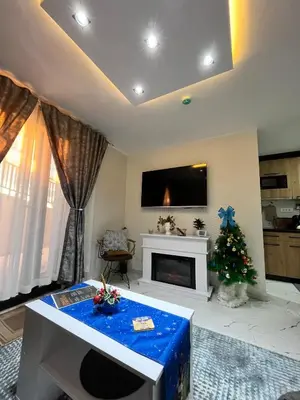 a living room with a christmas tree and a fireplace at Apartman Zimska idila in Kopaonik