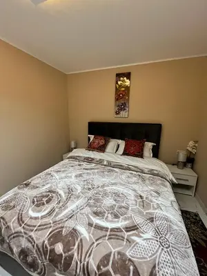 a bedroom with a large bed with a black and white comforter at Apartman Zimska idila in Kopaonik
